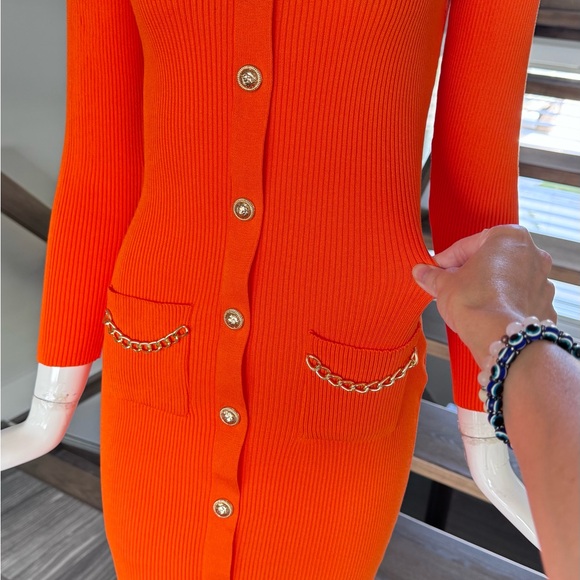 NWOT 🧡 Vibrant Orange Long Sleeve Sweater Dress with Buttons - Picture 9 of 17